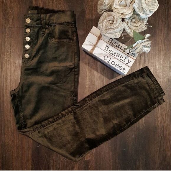 7 For All Mankind High Waist Button Fly Skinny Velvet Pant Olive Green 26 NWT - Picture 2 of 11